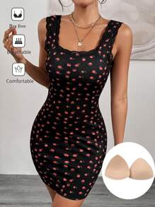 SHEIN Essnce Women's Allover Print Bra Free Summer Dress With Square Neckline, Wide Strap, Sleeveless And Elastic Waist Floral Swimsuit Cherry Dress Going Out - Multicolor - View 4