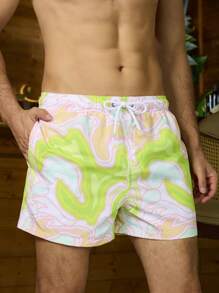 Surfspeed Shorts Masculina para Praia com Cós de Cordão e Estampa em Mármore para Férias - Amarelo - Visão 6