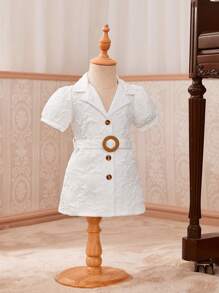 SHEIN Đứa bé gái Dệt hoa Ống tay áo Thắt lưng Váy sơ mi - trắng - Xem 8