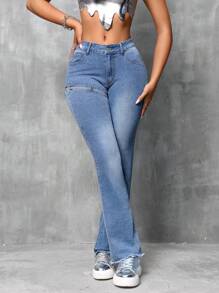 SHEIN SXY Women's Hollow Out Patchwork Frayed Hem Flare Jeans With Pockets - Medium Wash - View 6