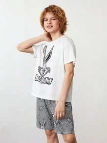 LOONEY TUNES X SHEIN Tween男孩卡通印花鬆身短袖上衣和短褲睡衣套裝，夏天款 - 白色 - 查看 4