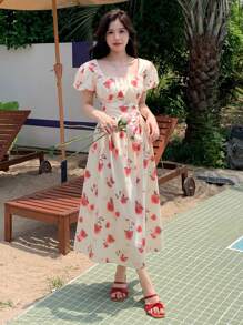 DAZY Damen Sommerkleid mit floralen Drucken, aufgebauschten Ärmeln und geraffter Taille, Strandkleid für den Urlaub - Verschiedenfarbig - Übersicht 3