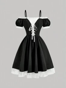 SHEIN MOD 女式黑白對比泡泡袖蕾絲無肩連身裙，黑色優雅裙子，塑身連衣裙，無肩帶裙子，優雅晚禮服，返校服裝，休閒連衣裙，泡泡裙，黑色裙子，下午茶裙子，日常外出裙子 - 黑與白 - 查看 1