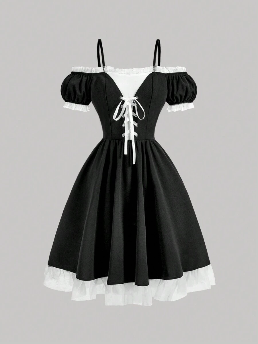 SHEIN MOD 女式黑白對比泡泡袖蕾絲無肩連身裙，黑色優雅裙子，塑身連衣裙，無肩帶裙子，優雅晚禮服，返校服裝，休閒連衣裙，泡泡裙，黑色裙子，下午茶裙子，日常外出裙子 - 黑與白 - 查看 1