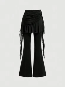 SHEIN MOD Women's Black Flared Pants With Drawstring Ruffles On Both Sides, Pants For Music Festivals, Flared Pants For Street Wear, Pants For Daily Outings, College Style Pants
