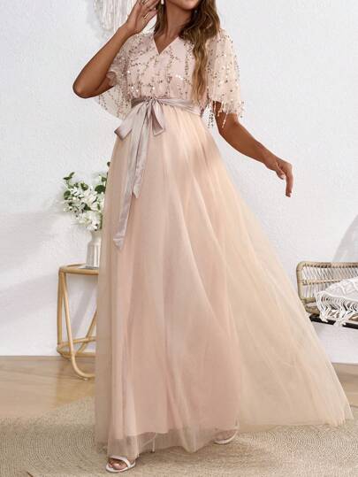 SHEIN Gender Reveal Dress Maxi V-Neck Maternity Gender Reveal Party Dress, Chic And Romantic For Baby Shower Dress Maternity Dress