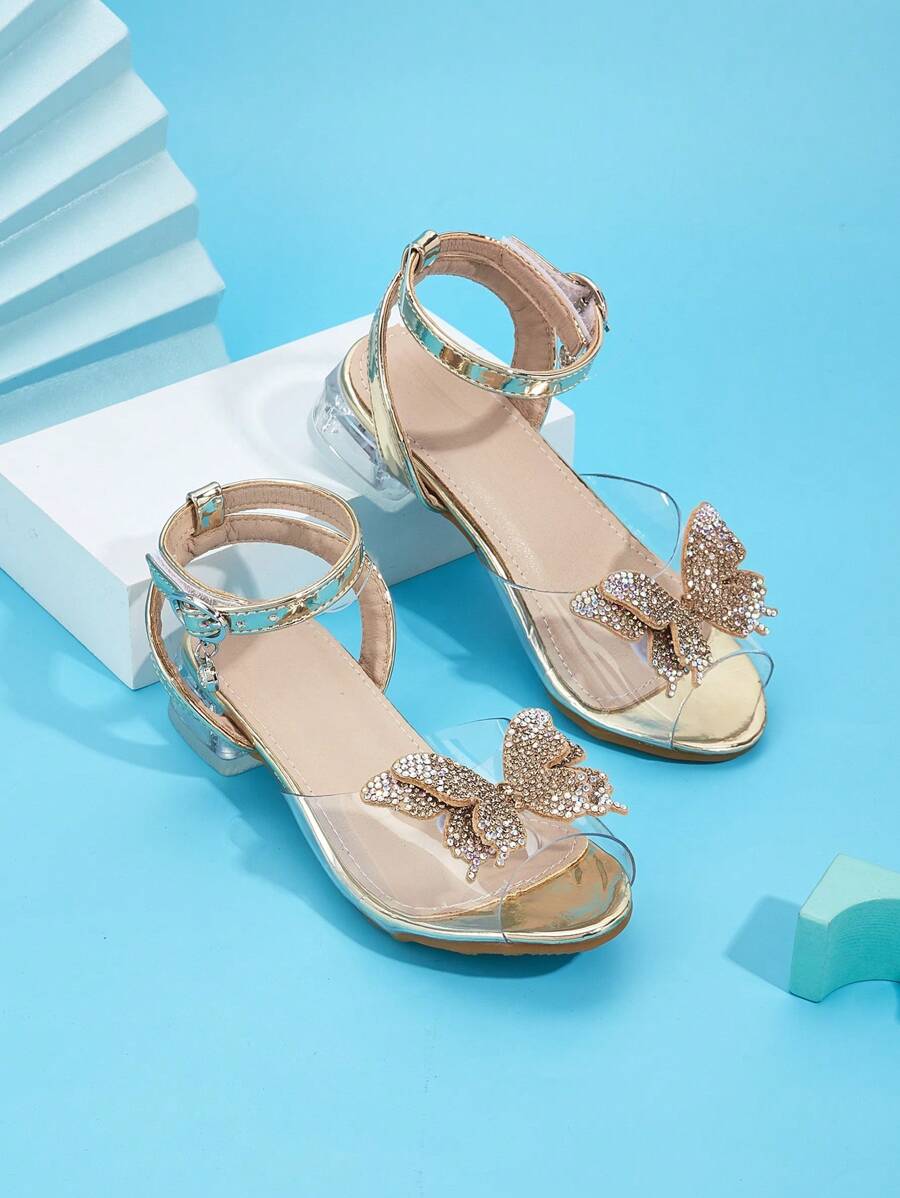 Girls' Chunky High-Heel Sandals, Golden Butterfly & Silver Rhinestone Embellished Shiny Shoes, For Spring/Summer/Autumn