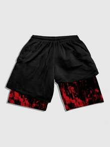 ROMWE MEN Anime Pantalones cortos casuales con estampado de personajes de dibujos animados y cordón en la cintura para hombre, escuela - Negro - Ver 2
