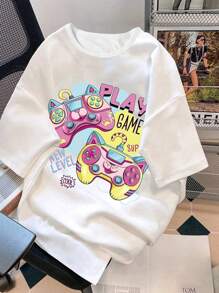 Camiseta Casual de Verão para Meninas Adolescentes com Estampa de Desenho Animado, Gola Redonda e Manga Curta
