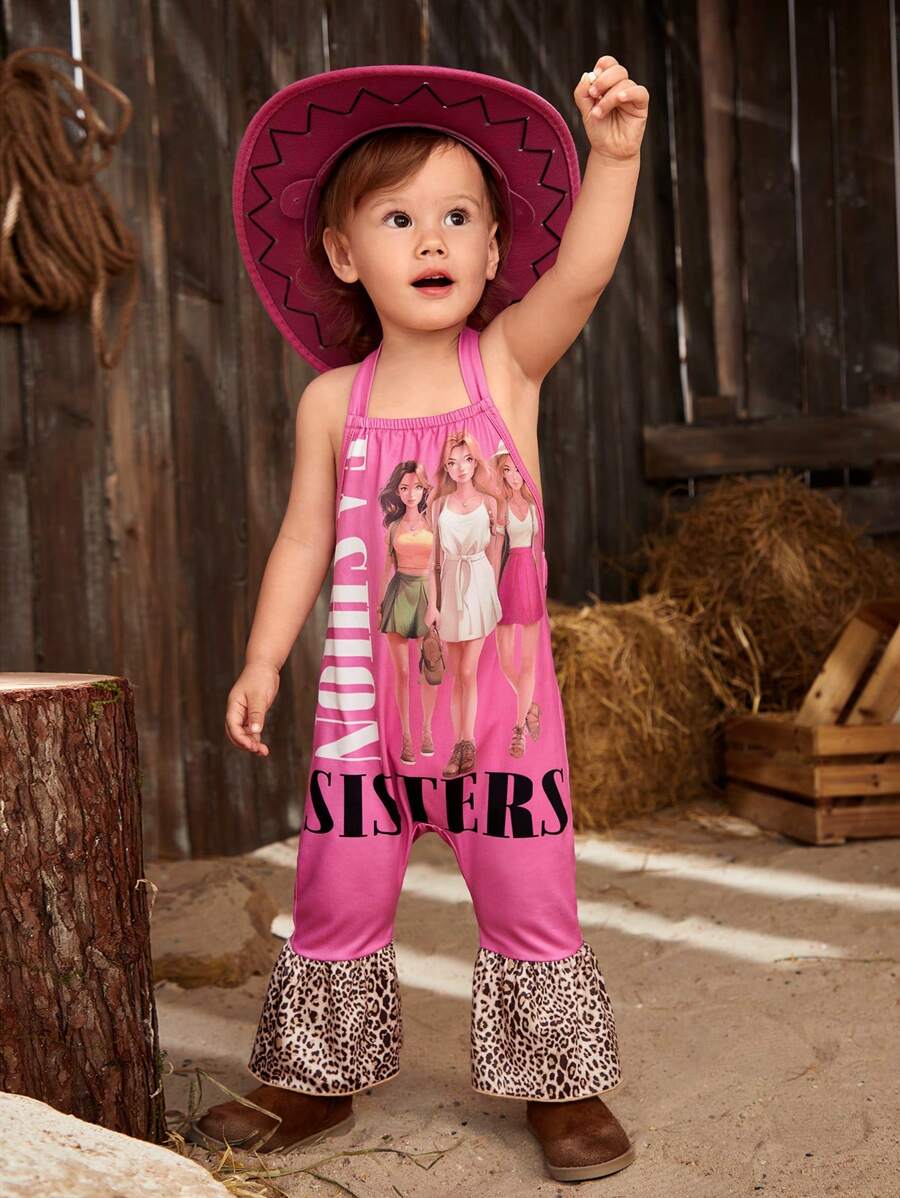 SHEIN New Summer American West Cowboy Style Baby Girl's Leopard Print Jumpsuit, Featuring Vacation-Themed And Cool Printed Female Figures, Elegant, , Gorgeous, Cute Daily Casual And Cool Outfit Option. - Multicolor - View 1