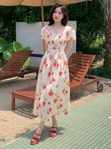 DAZY Damen Sommerkleid mit floralen Drucken, aufgebauschten Ärmeln und geraffter Taille, Strandkleid für den Urlaub - Verschiedenfarbig - Übersicht 4