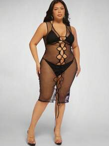Hauture Lace Up Mesh Dress With Lingerie Set - Black - View 5