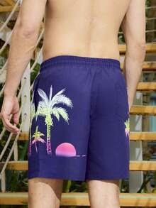 Surfspeed Men's Palm Tree Printed Drawstring Waist Loose Beach Shorts (Random Cut Printing) - Blue - View 2