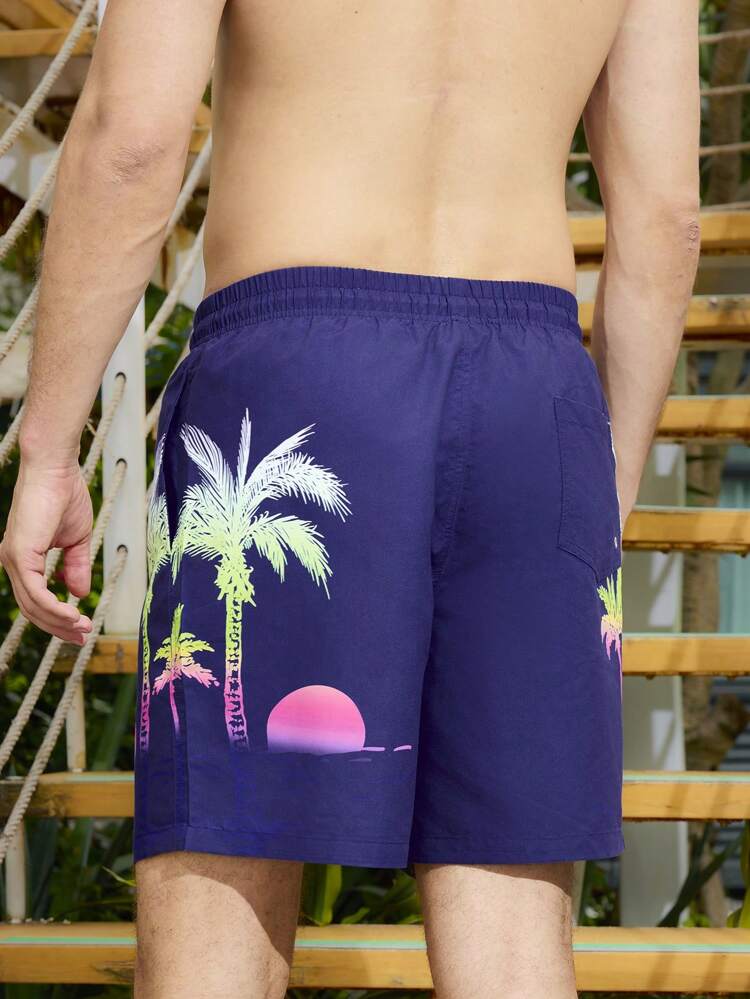 Men's Palm Tree Printed Drawstring Waist Loose Beach Shorts (Random Cut Printing)