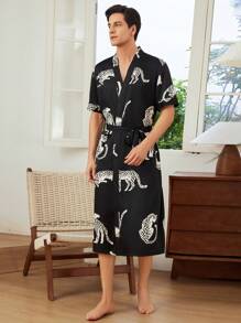 V-Neck Belted Blue Floral Printed Short Sleeve Loungewear Robe