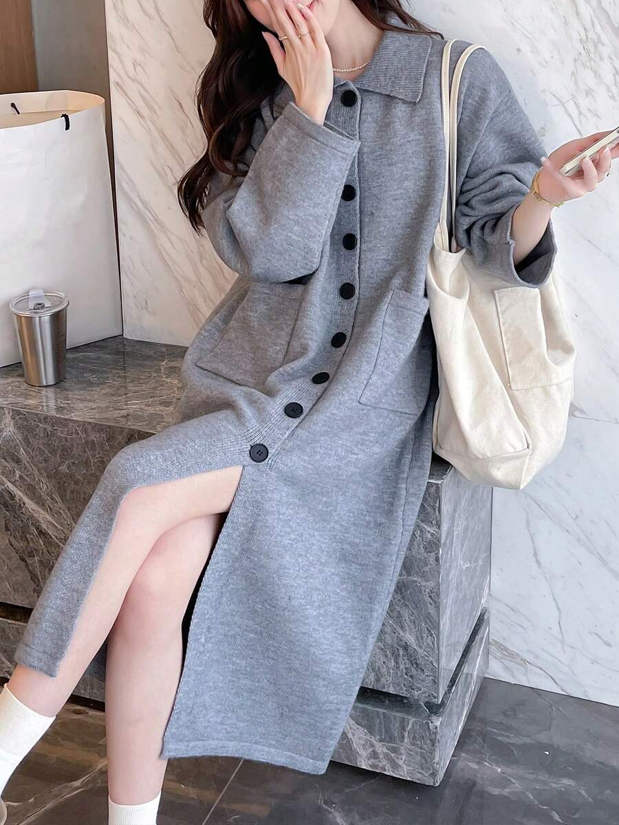 Casual Simple Front-Button Mid-Length Cardigan, Spring & Autumn - Grey - View 1