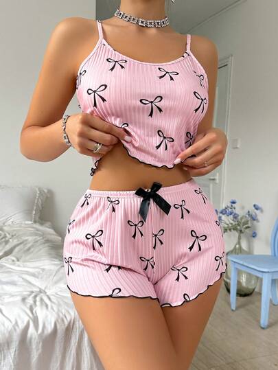Bow Knot Printed Camisole And Shorts Pajama Set Bow Tie