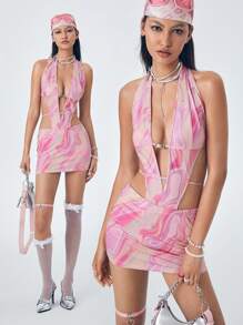 GIOIA TANG Artist Y2K Casual Printed Backless Slim Fit Sleeveless Women's Mini Summer Dress, Holiday, Party Outfit, Birthday Outfits, Festival, Western Wear, Prom Dress