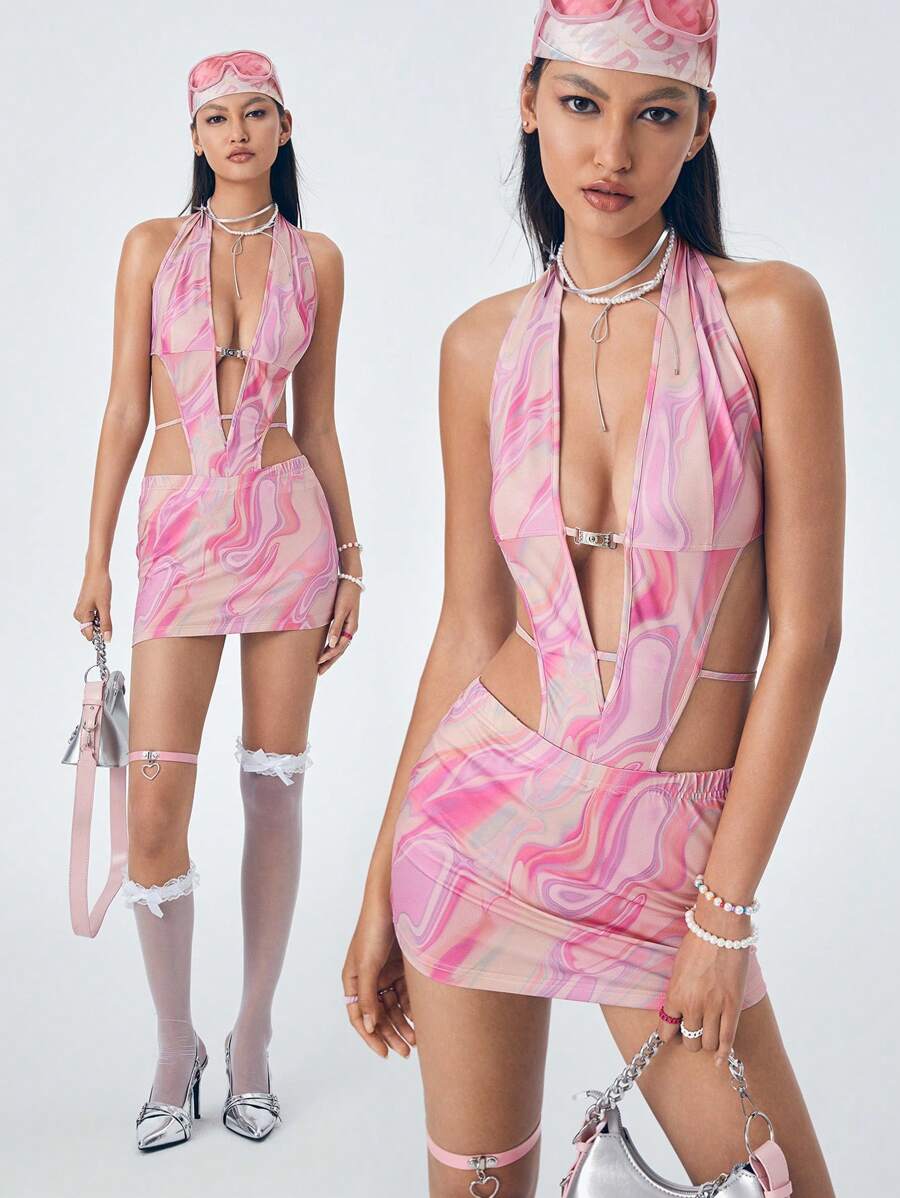 GIOIA TANG Artist Y2K Casual Printed Backless Slim Fit Sleeveless Women's Mini Summer Dress, Holiday, Party Outfit, Birthday Outfits, Festival, Western Wear, Prom Dress