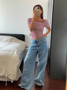 Livesso Women's Striped Square Neck Short Sleeve Slim Fit T-Shirt With Large Open Back, Summer,Halter Top