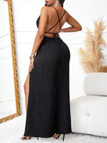 Women's Y2K Sexy Slit Vintage Summer Metal Belt Wide-Leg Romper With Clustered Waist