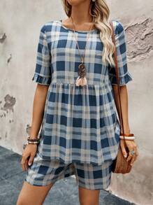 SHEIN LUNE Summer Rural Women's Peter Pan Collar Checkered Top 2pcs Set - Multicolor - View 4