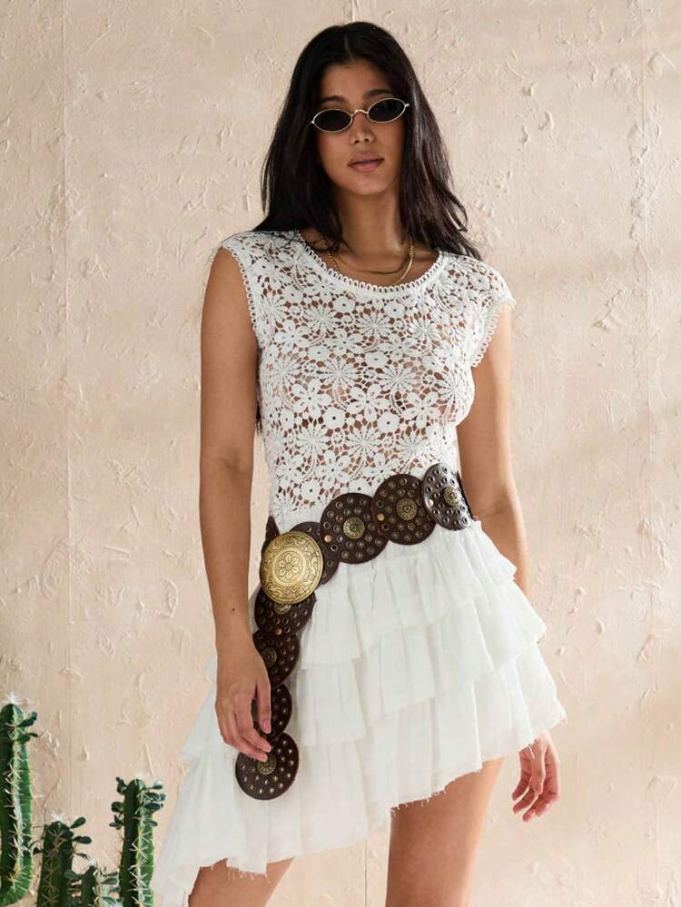 Women's Summer Sleeveless Contrast Lace Ruffle Asymmetrical Hem Dress