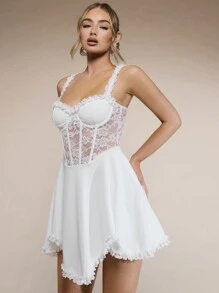 SHEIN BAE 女士夏季魚骨修身肩帶蕾絲拼接裙 - 白色 - 查看 5