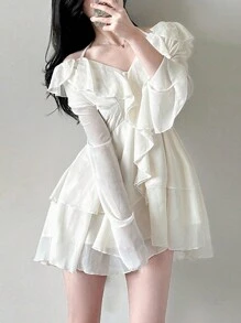 DAZY Women's Fall Elegant Solid Color Cold-Shoulder Halter Ruffle Hem Dress,Casual Women Dresses Long Sleeve Dress - White - View 1