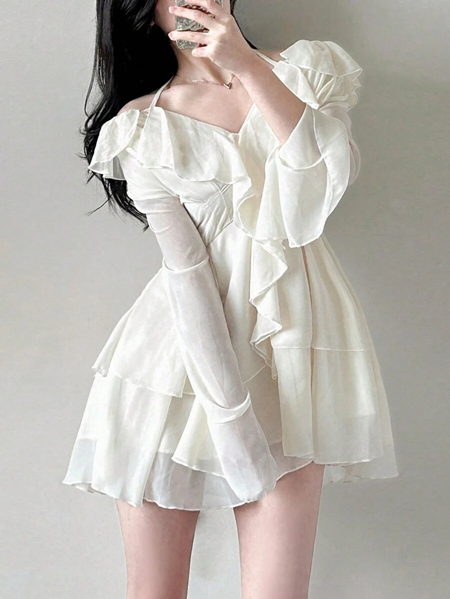 DAZY Women's Fall Elegant Solid Color Cold-Shoulder Halter Ruffle Hem Dress,Casual Women Dresses Long Sleeve Dress - White - View 1