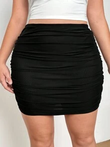 SHEIN EZwear Falda ajustado de punto fruncida de talla grande negra para mujer