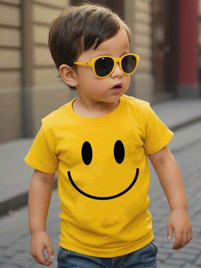 SHEIN Leap Crew Smiles & Young Boy Casual Simple Short Sleeve T-Shirt With  Pattern, Suitable For Summer