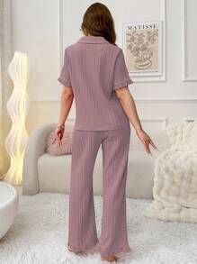 蕾絲邊短袖上衣和長褲女士睡衣套裝 - 藕粉色 - 查看 2