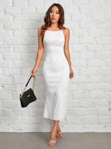 SHEIN PETITE Solid Fuzzy Cami White Textured Long Dress - White - View 7