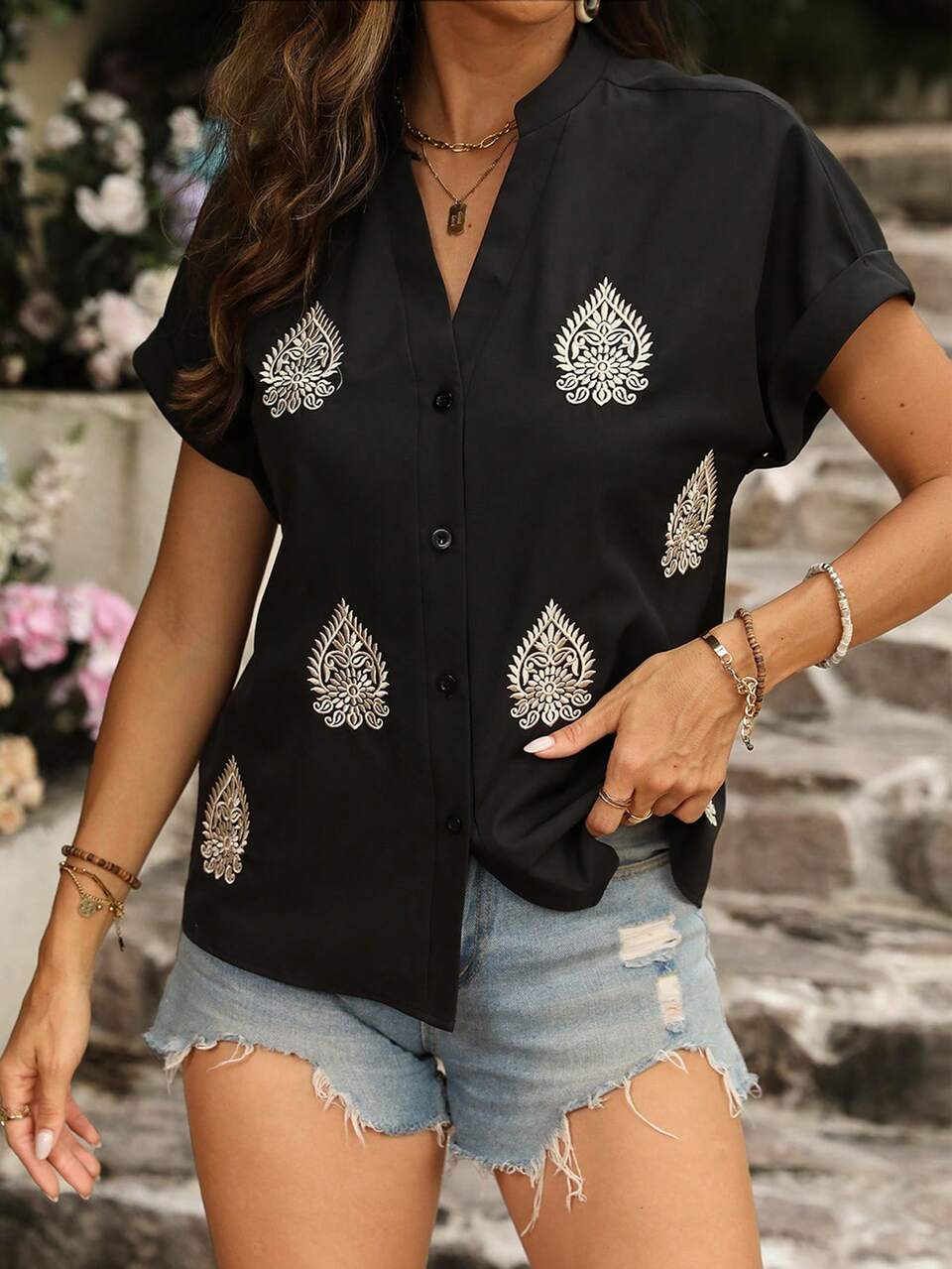 Vintage Embroidered Notched Neck Batwing Sleeve Shirt For Vacation And Leisure