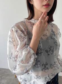 FRIFUL Women Fashion Flower Print Mid Sleeve Shirt Sheer - White - View 10