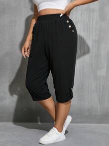 SHEIN Essnce 女性加大碼紐扣裝飾口袋設計七分休閒時尚褲 - 黑色 - 查看 1