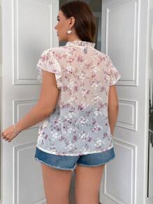 SHEIN Privé 大尺碼夏季花色雪紡印花刺繡布料度假休閒舒適日常女裝V領襯衫 - 彩色 - 查看 3