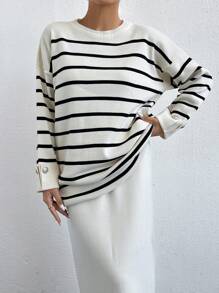 EURMUSE Striped Pattern Drop Shoulder Sweater & Knit Skirt - Black and White - View 3