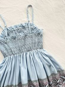 Soleia Women Geometric Print Camisole With Frill Trim And Ruffled Hem - Blue - View 3