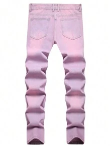Men's Slim/Straight Fit Pink Distressed Jeans (European And American Style) - Pink - View 2