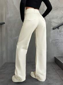 Cottnline Women's Solid Color High Waist Jeans - Beige - View 2