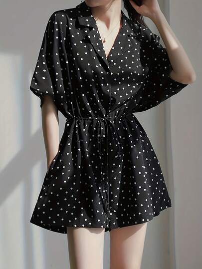 Polka Dot Romper For Women, Summer Style, Loose Fit, Comfortable And Elegant Thin V-Neck Chiffon Wide-Legged Holiday Party Boho Romper