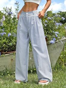 SHEIN EZwear Pantalones rectos con estampado de rayas y cremallera, para conjuntos de verano