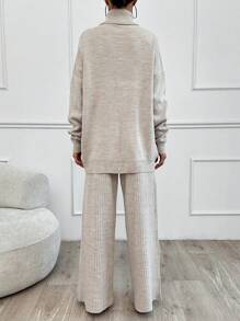 SHEIN Tall 2pcs High Neck Drop Shoulder Sweater And Ribbed Solid Color Sweater Pants, Tall Women - Beige - View 2