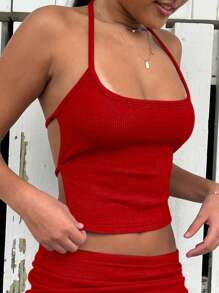 INAWLY 女士夏季性感純色露背綁頸上衣和迷你裙套裝 - 紅色 - 查看 4