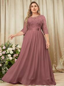 MIUSOL 大码花卉蕾丝束身胸衣搭配喇叭裙摆，长款正式晚礼服 - 藕粉色 - 查看 3