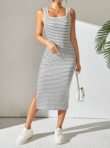SHEIN Unity Abito smanicato estivo da donna a righe casual con blocco di colore, vestibilità slim con spacco laterale - Bianco e nero - Visualizzare 5