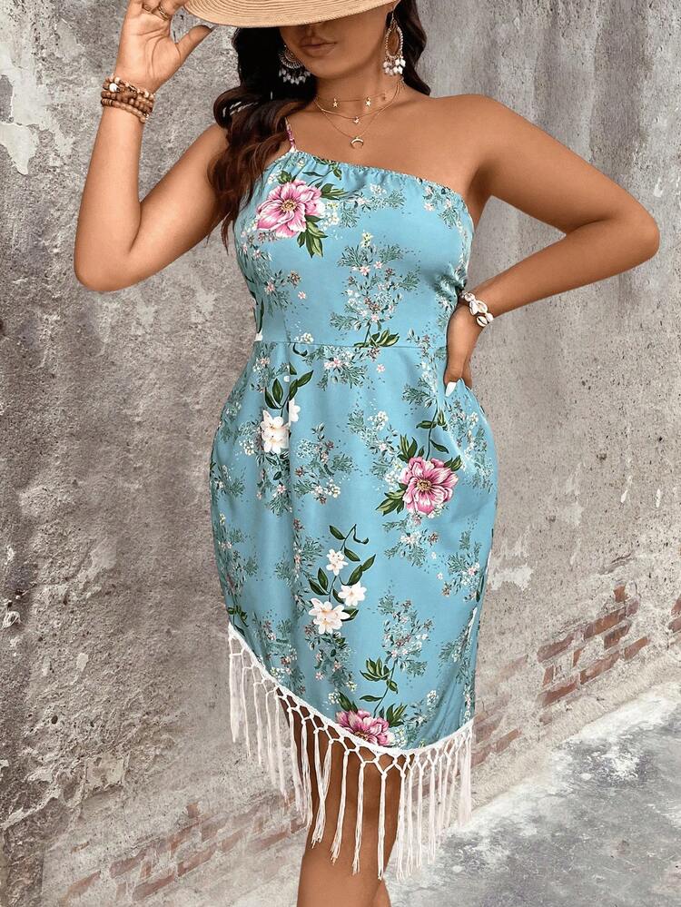 Plus Size Women's Bohemian Printed One Shoulder Tassel Dress For Vacation