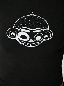 GAWX 艺术家女士短袖卡通印花修身短款上衣 T 恤，夏季图案 T 恤，节日，度假，节日 - 黑色 - 查看 5